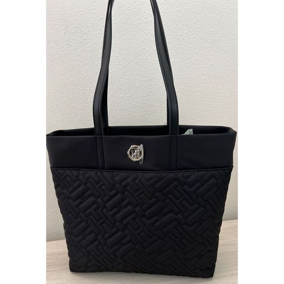 Tommy Hilfiger 69J8010 001 Black Quilted Nylon Tote Bag PU Leather Trim $128 - Picture 1 of 16